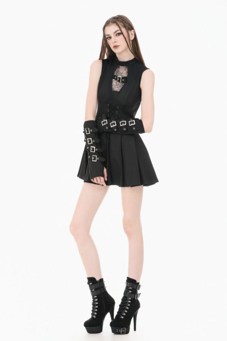 No-Sleeve Cobweb Sheer Mesh Lace-Up Punk Mini Dress