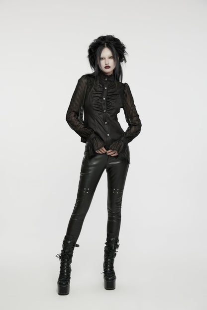 Black Mesh Punk Blouse, High Collar with Stitching for Women