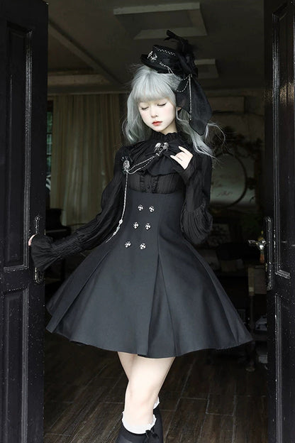 Ebony Double-Breasted Bustier Suspender Dress - Gothic Night Butler
