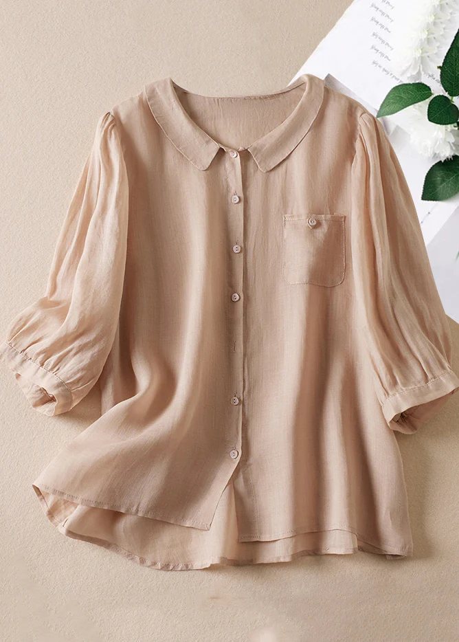 Grace Pink Peter Pan Collar Button Linen Shirt Bracelet Sleeve QR021