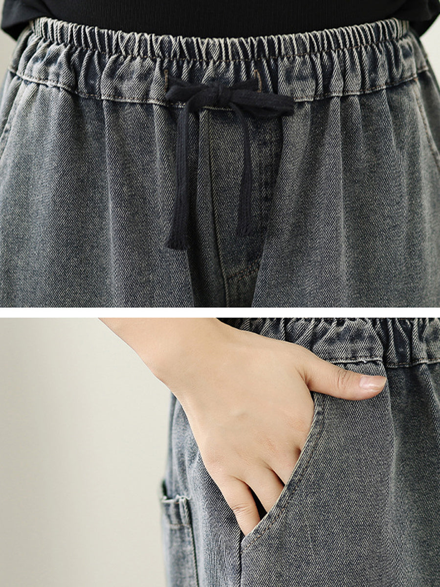 Embroidery Women Retro Autumn Denim Wide-leg Pants