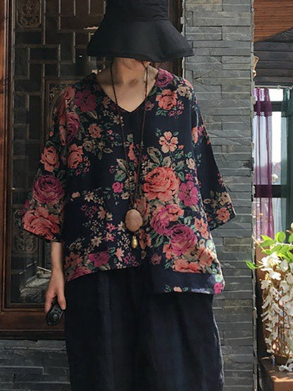 Plus Size Floral V-neck Long Sleeve Cotton Blouse Shirt OO1030