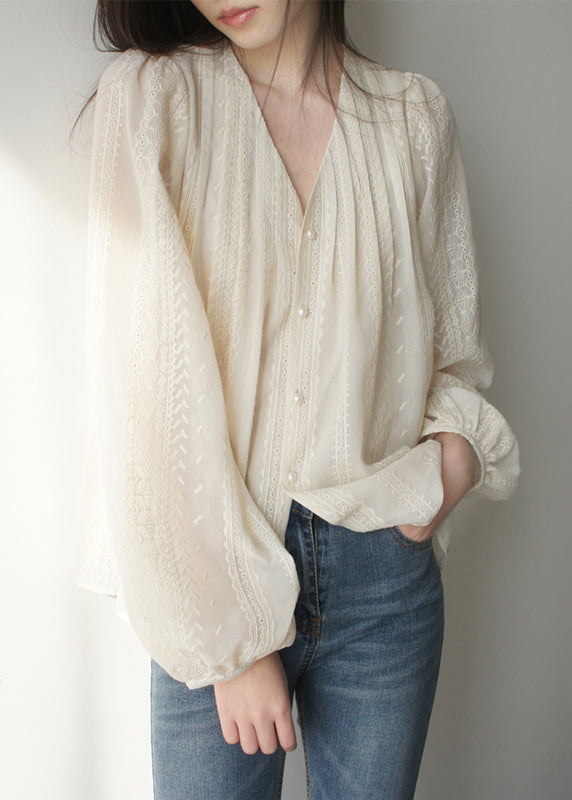 Lantern Art Embroidered Apricot Shirt Chiffon Sleeve