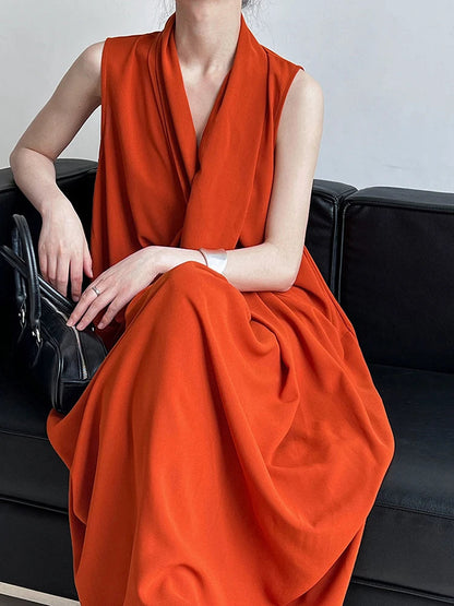 Pockets with Draped Sleeveless Dress Elegant Midi