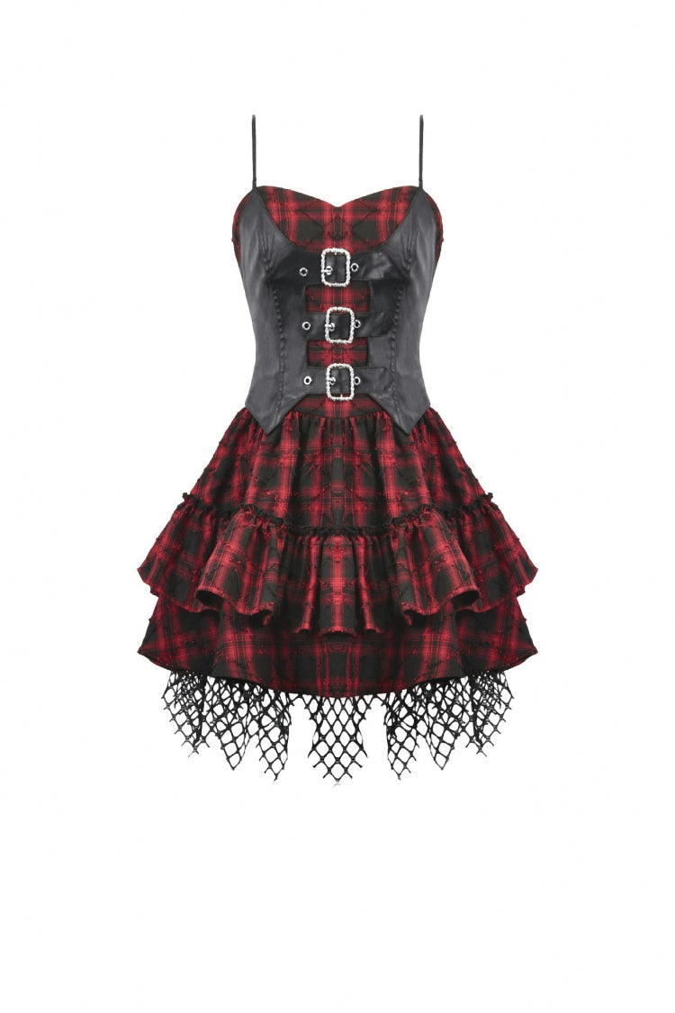 Crimson & Charcoal Tartan Leather Multi-Tier Ruffled Punk Sweetcore Slip Dress