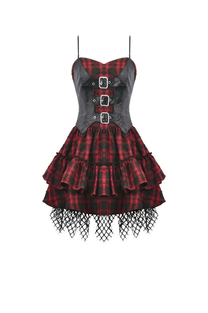 Crimson & Charcoal Tartan Leather Multi-Tier Ruffled Punk Sweetcore Slip Dress