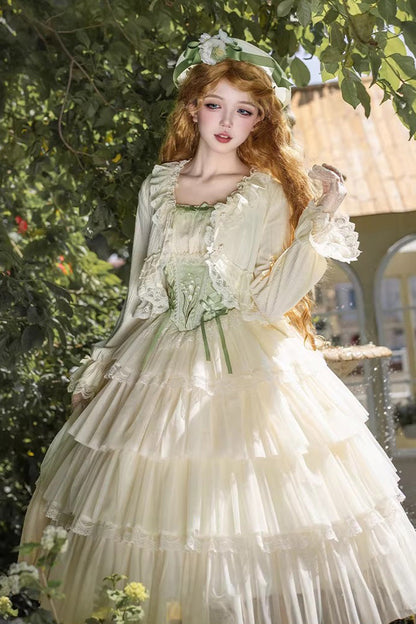 Emerald Letters & Poems Lily Valley Square-Collar Fishbone Embroidered JSK