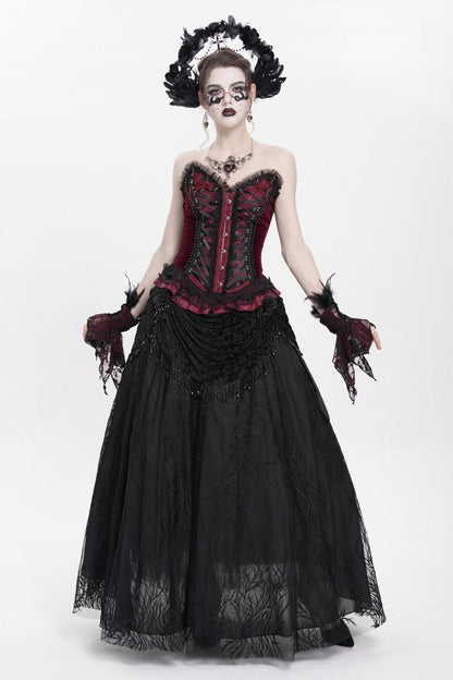 Crimson Gothic Overbust Corset with Beaded Lace and Lace-Up Back