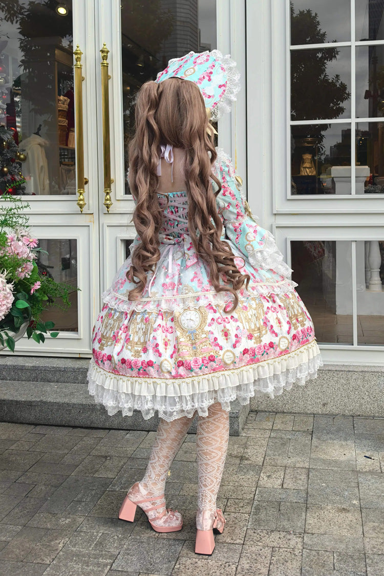 Square Collar Long Trumpet Sleeve Printed Ruffled Bow Lace-Up Sweet Lolita Dress in Mint Green/Pink - Rose Garden Prelude