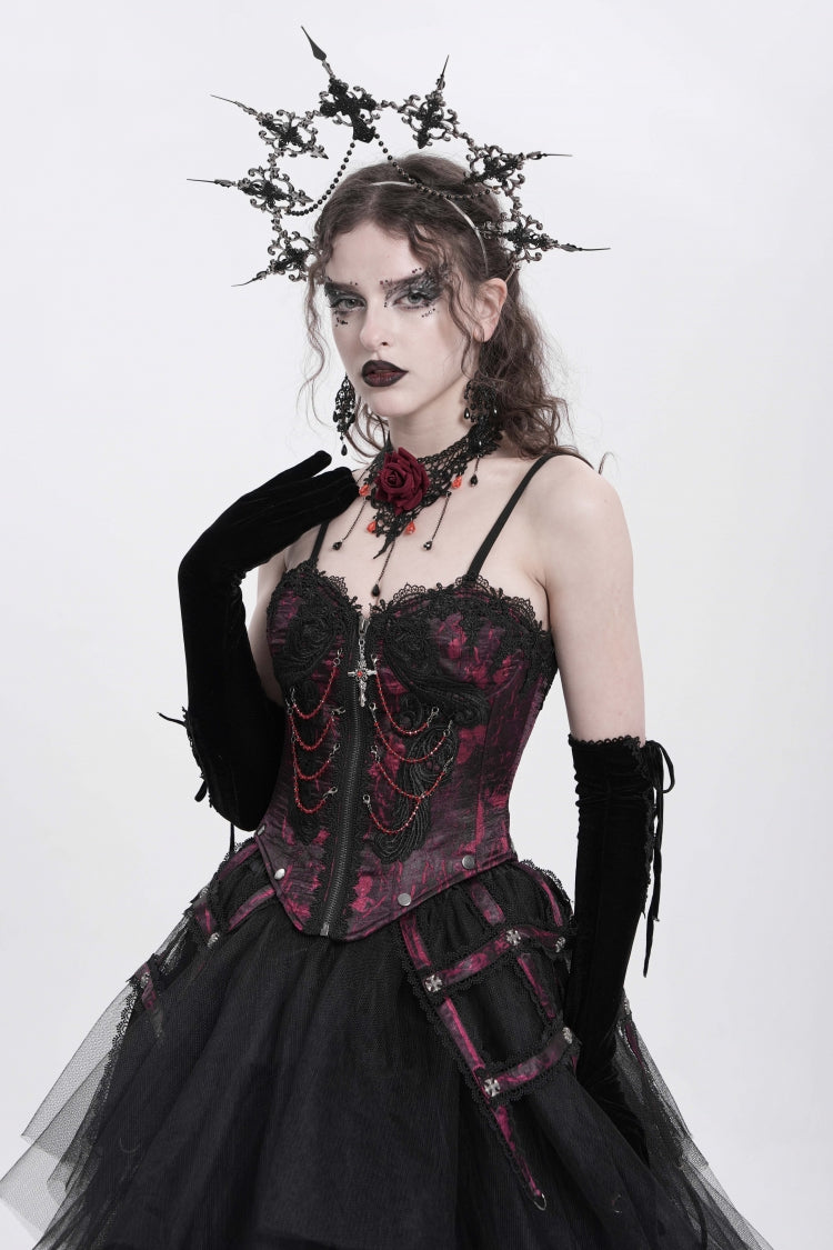 Crimson Gothic Vest with Embroidery Lace and Chain Details