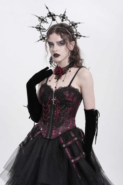 Crimson Gothic Vest with Embroidery Lace and Chain Details