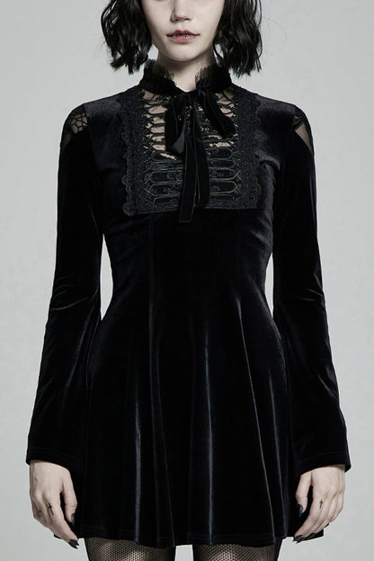 Ebony Flared-Sleeve Sheer Lace-Up Gothic Dress
