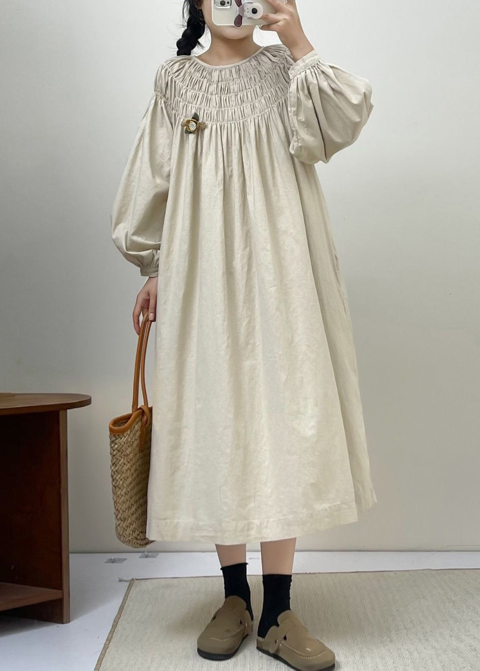 Beige Solid Cotton Dresses Lace Up Long Sleeve NN044