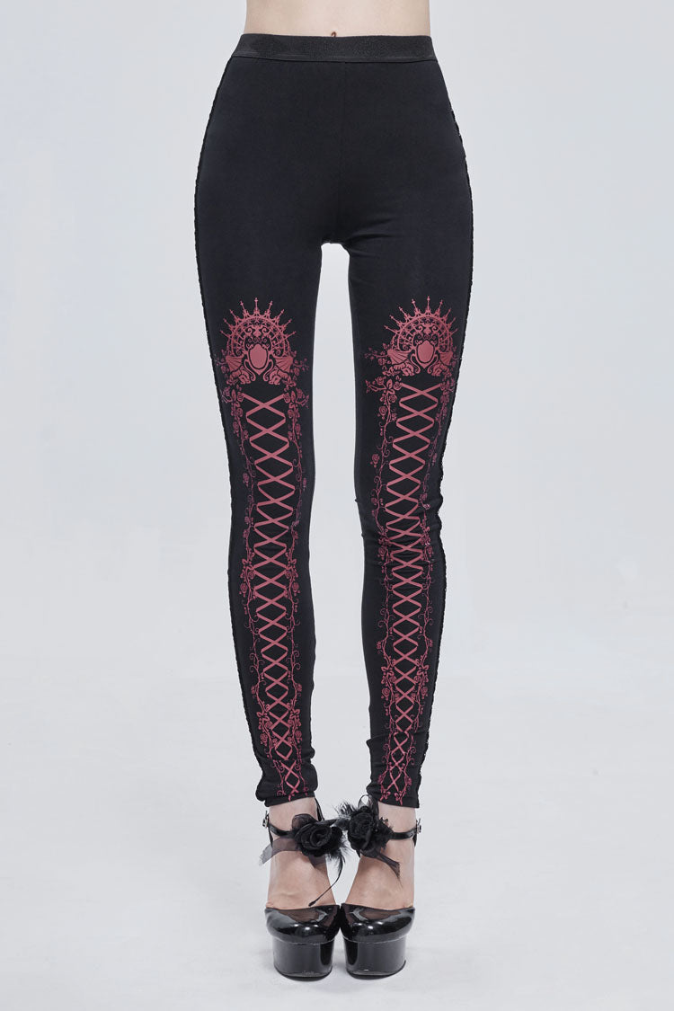 Crimson & Charcoal Printed Tie-Strap Adjustable Goth Leggings