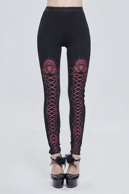 Crimson & Charcoal Printed Tie-Strap Adjustable Goth Leggings