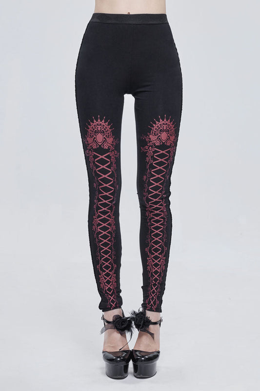 Crimson & Charcoal Printed Tie-Strap Adjustable Goth Leggings