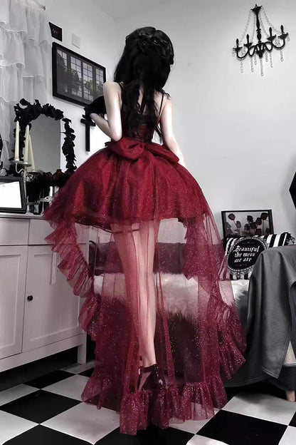 Crimson Gorgeous Lolita JSK Dress with Shiny Bow and Train