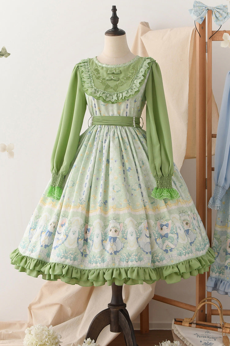 Emerald Lily Valley Cat Printed Embroidery Bowknot Sweet Dress