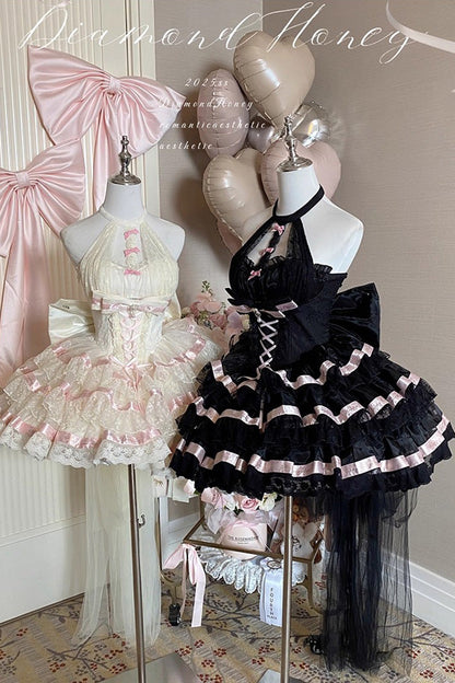 Sweet Princess Lolita Frocks with Halterneck Ruffles & Lace-Up Bows in Cream