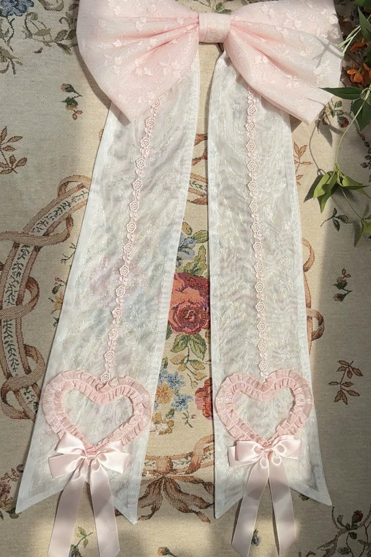 Blush Square Collar Flutter Sleeve Jacquard Ruffle Bow Lace JSK - Heart Bear
