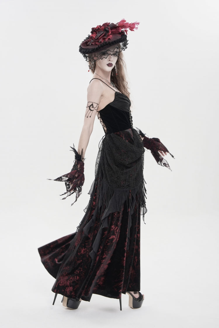 Crimson & Obsidian Sleeveless Multi-Layered Hanayome Lace Lace-Up Gothic Wedding Dress Printed Tassels Slip Dress