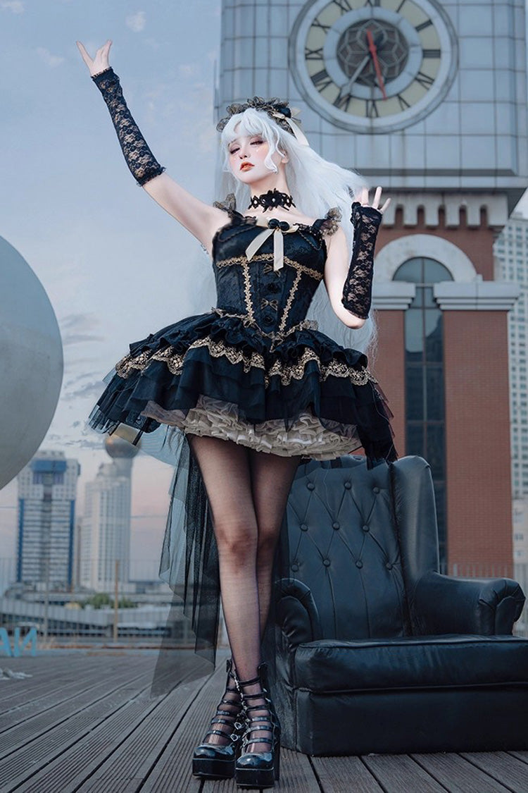 Slim Gothic Ballet JSK Dress with Multi-Layered Ruffles and Lace in Black