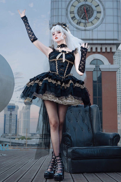 Slim Gothic Ballet JSK Dress with Multi-Layered Ruffles and Lace in Black