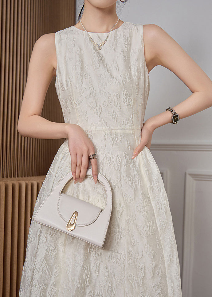 High White Dresses Waist O-Neck Sleeveless Jacquard Long Cotton