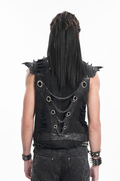 Men's Black Gothic Vest, Sleeveless with Rivets and Chain Rings