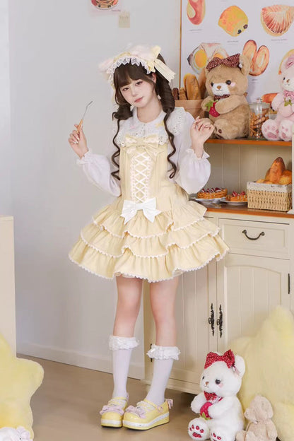 Vintage Cream Puff Sleeveless Triple Ruffle Bow Lace-Up Tiered JSK