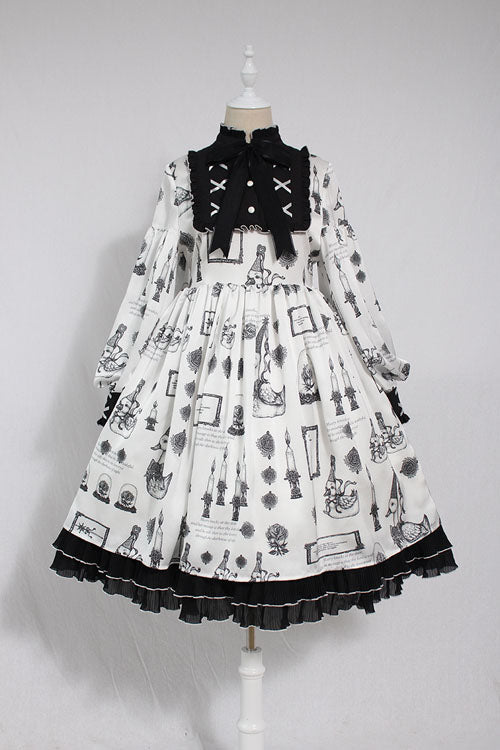 Ivory Pious Duck Print Long-Sleeve Bow Sweet Lolita OP