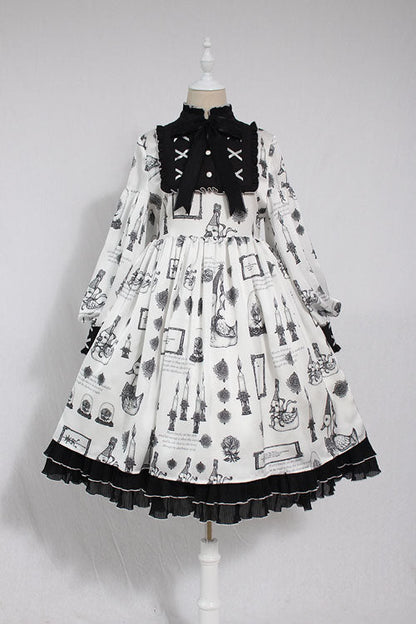 Ivory Pious Duck Print Long-Sleeve Bow Sweet Lolita OP