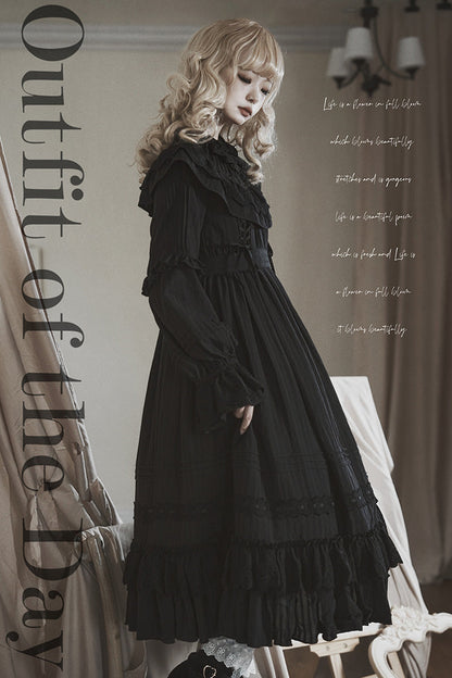 Ebony Long-Sleeve Double-Layered Bow Lace-Up Sacred Gown - Good Night