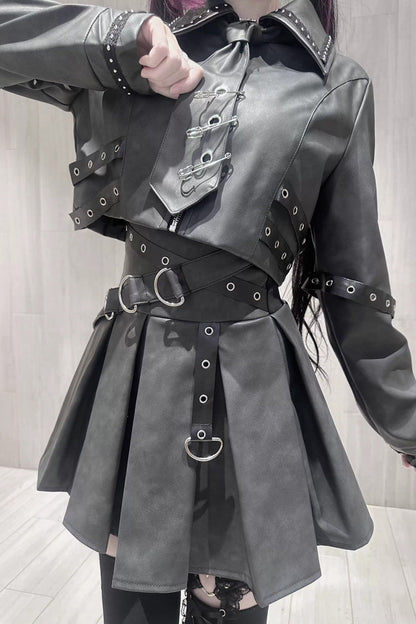Japanese Handsome Top and Skirt Set with Studded Eyelet in Black