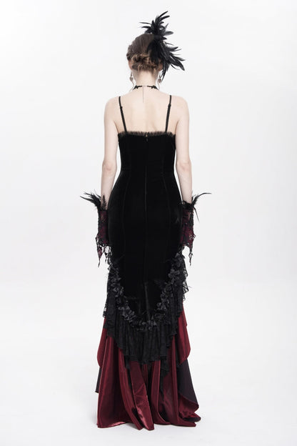 Crimson & Obsidian Sleeveless Cross Ruffled Floral Embroidered Chain-Decorated Gothic Long Slip Dress
