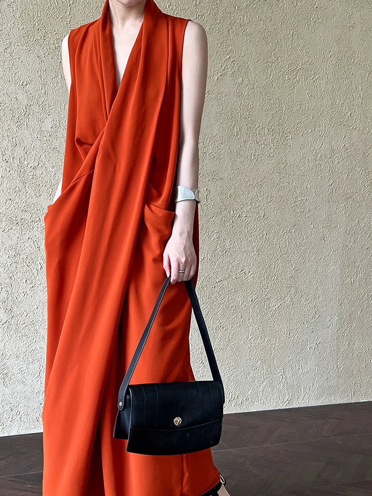 Pockets with Draped Sleeveless Dress Elegant Midi