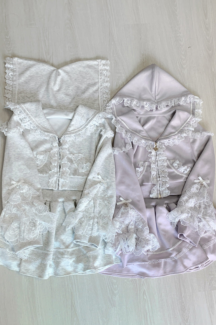 Blush Long-Sleeve Ruffle Lace Hooded Jirai Kei Skirt Set - Heartbeat Rhythm