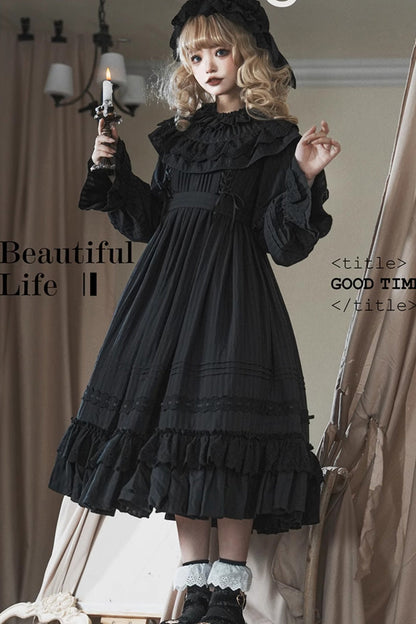 Ebony Long-Sleeve Double-Layered Bow Lace-Up Sacred Gown - Good Night
