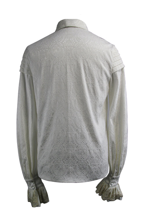 Gothic Men's Blouse with Embroidered Ruffled Sleeves & Jacquard Detail, Cream