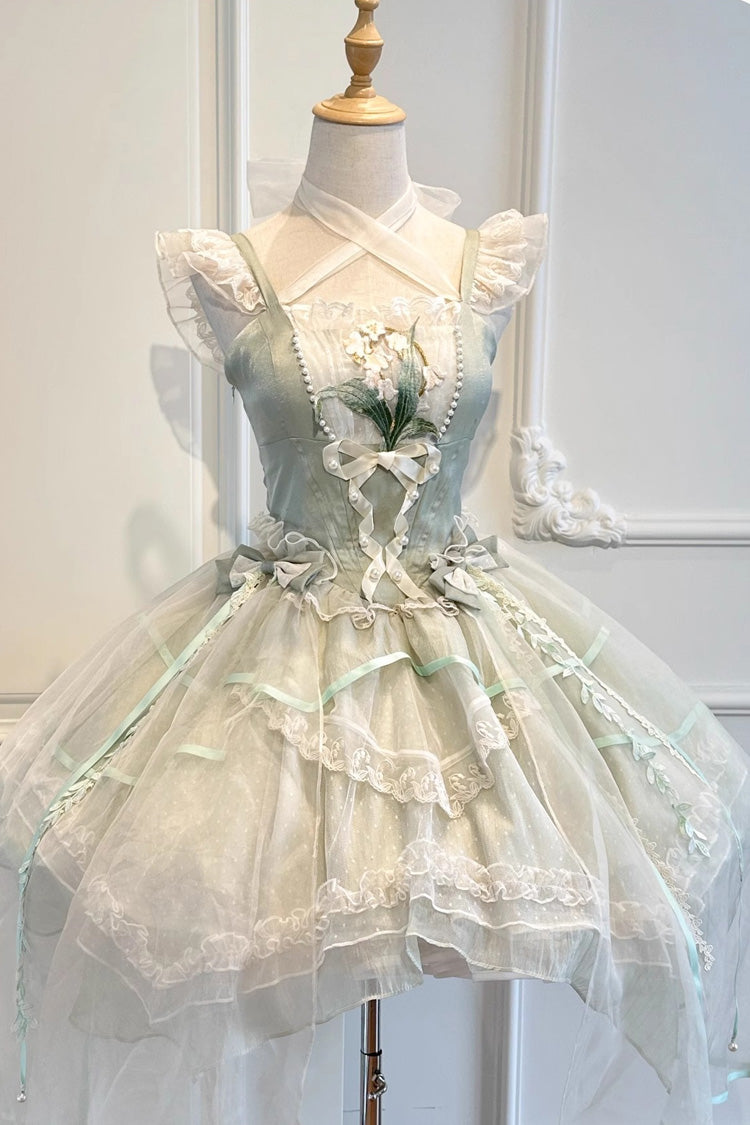 Emerald Lily Valley Polka-Dot Ruffled Lace-Up Princess JSK Dress