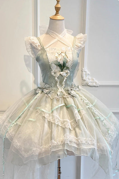 Emerald Lily Valley Polka-Dot Ruffled Lace-Up Princess JSK Dress