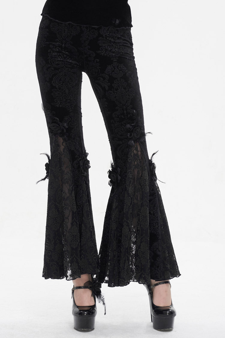 Dark Floral Lace Trimmed Flared Trousers for Women - Gothic
