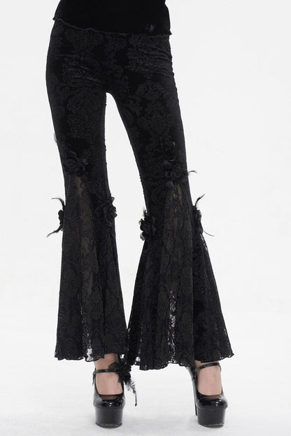 Dark Floral Lace Trimmed Flared Trousers for Women - Gothic