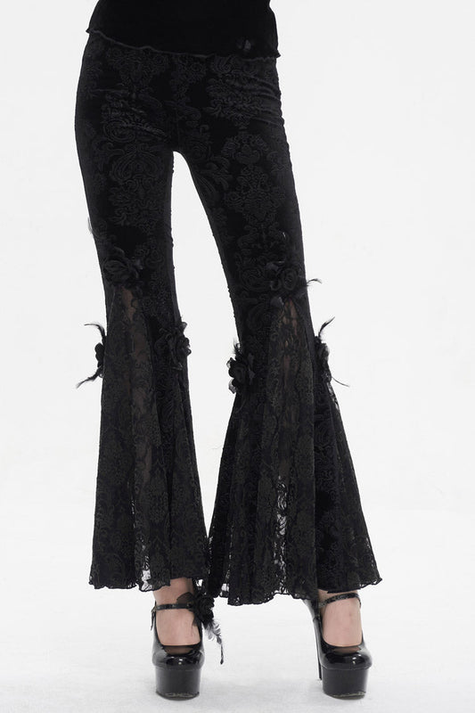 Dark Floral Lace Trimmed Flared Trousers for Women - Gothic