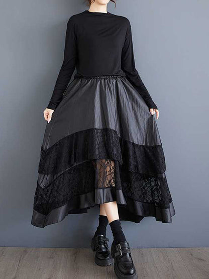 Goth Black Elasticity Layered Irregular Hem Patchwork Lace A-Line Skirt TW023
