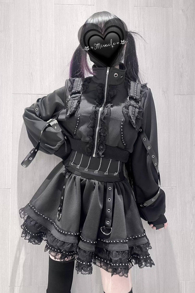 Japanese Handsome Skirt Set with Ruffled Lace and Zipper in Black
