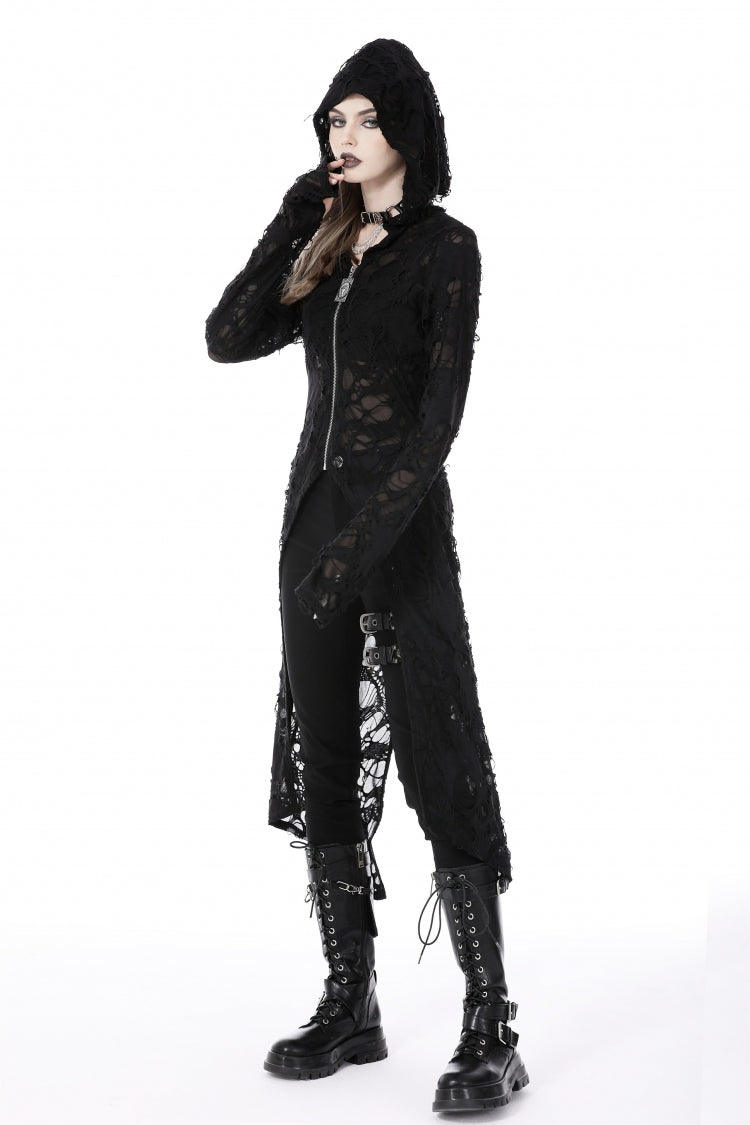 Ebony Long-Sleeve Ripped Zip Punk Long Hooded Coat