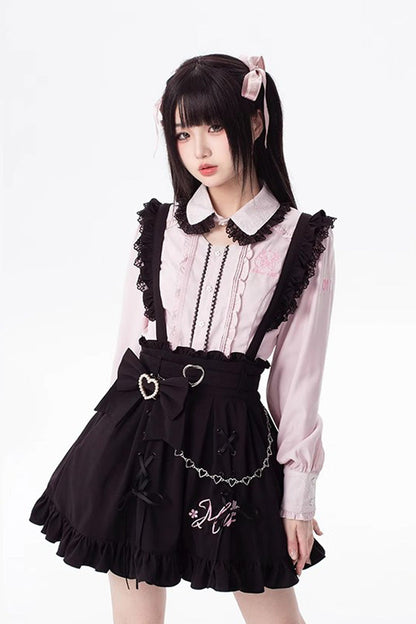 Ebony Embroidered Ruffle Lace-Up Jirai Skirt - Hatsune Miku