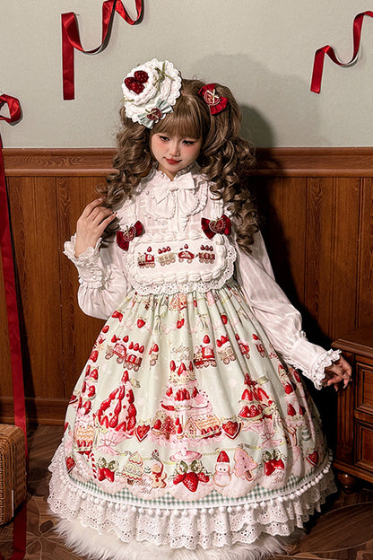 High Waisted Ruffle Bowknot Sweet Lolita JSK Dress with Strawberry Dessert Print - 4 Colors