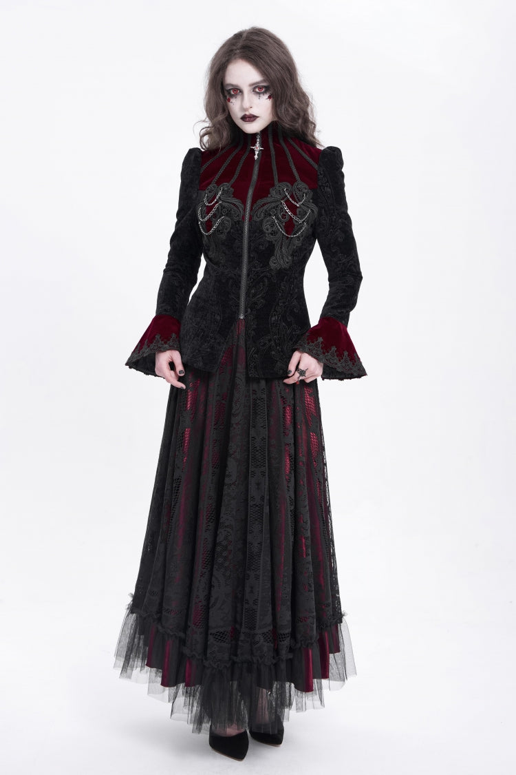 Crimson & Obsidian Stand Collar Long Trumpet Sleeves Embroidery Gothic Jacket
